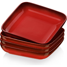 Червоні миски для пасти LOVECASA, квадратні, 900 мл, великі керамічні миски для салату на вечерю, миски для подачі, тарілки для макаронів, миски для супу, можна мити в мікрохвильовій печі та посудомийній машині, 4 шт. и червоний/екскурсійний, однотонний колір (тверді речовини для відпочинку) 32 унції