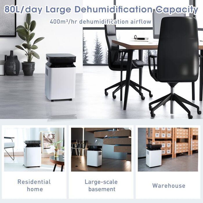 Електричний осушувач повітря з помпою: компресорний осушувач 80л/день, 8л бак, 400 м³/год, смарт гігростат, тихий, для підвалу/квартири/офісу/ванної кімнати/спальні, чорний & білий