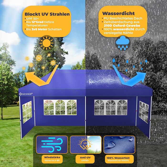 Павільйон KESSER® 6x3м з 6 знімними стінками, для саду, регульована висота, водовідштовхувальний, з сумкою, колісними анкерами, UV-захист 50+, для вечірок (Темно-синій)