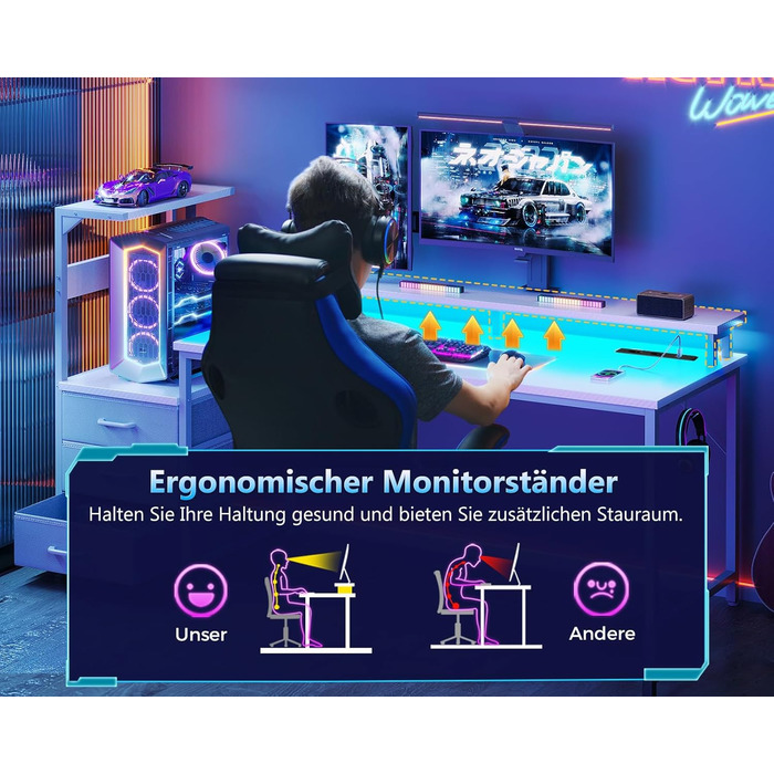 Ігровий стіл Coleshome з шухлядами, 151x50 см, з LED-підсвічуванням та розеткою, з полицями та підставкою для монітора (карбонове волокно)