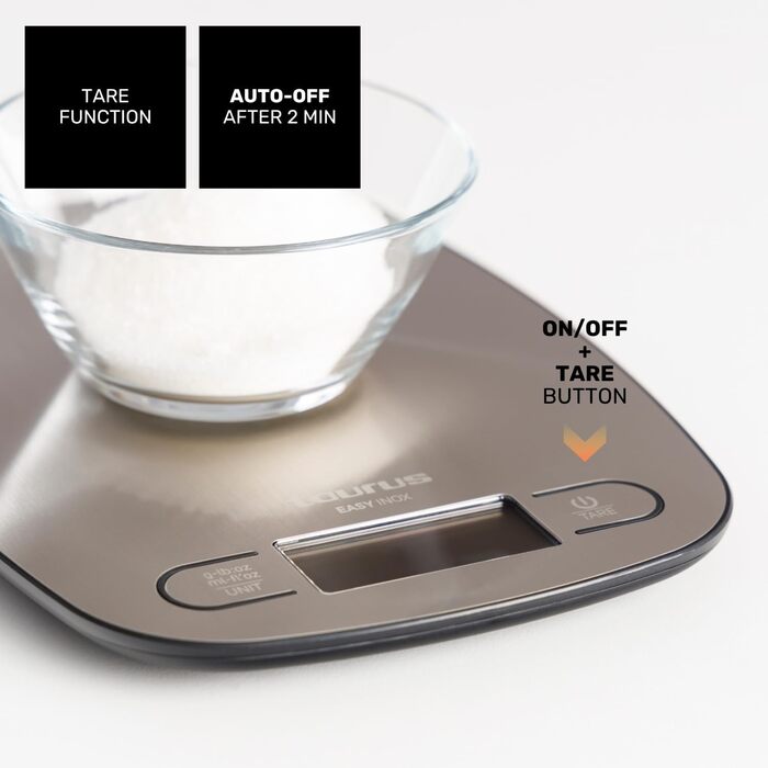 Кухонні ваги Taurus Easy Inox з цифровим дисплеєм, 5 кг, функція тарування, сріблясті, 15x20 см