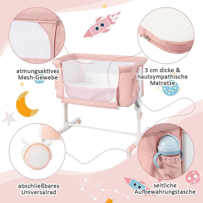 Дитяче ліжко-гойдалка Dreamade 2 в 1 з регулюванням висоти, 86 x 63 см, рожеве, від народження до 9 кг, з матрацом та колесами