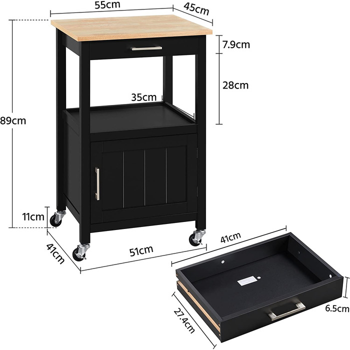 Кухонний візок Yaheetech на колесах з шафкою та полицею, 55x45x89 см, білий (чорний)