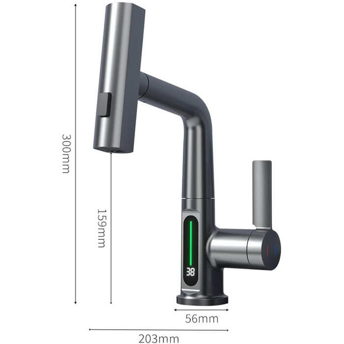 Змішувач для кухні Frunimall з висувним душем, LED-дисплей, 3 типи струменя, обертається на 360, мідь (чорний)