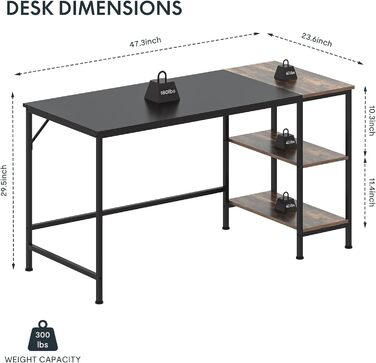 Комп'ютерний стіл FitStand FD4 140x60x75см з книжковою шафою, стіл для домашнього офісу, 2 полиці для зберігання (дуб вінтажний/чорний)