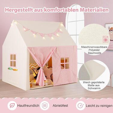 Дитяче намет-будиночок COSTWAY з килимком та світлом, з прапором та вікнами, для хлопчиків та дівчаток від 3 років (Рожевий)