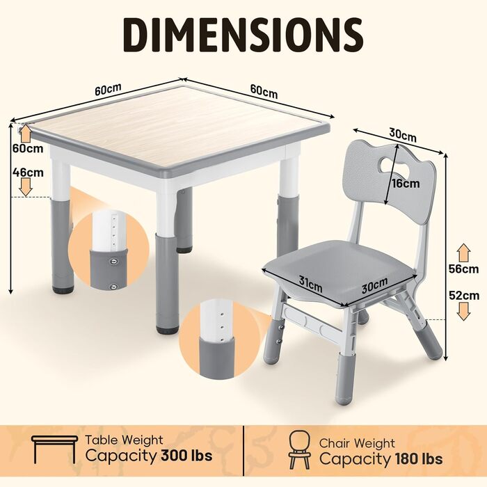Дитячий стіл зі стільцями, дитяча група сидіння, регульована по висоті з HDPE та ABS, багатофункціональний дитячий стіл для дітей від 2 до 10 років, ергономічний набір столу та стільця для дитячої кімнати, 60*60 см, сірий
