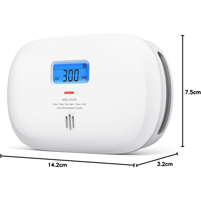 Детектор чадного газу X-Sense, сертифікований TÜV Rheinland, датчик на 10 років, з змінною батареєю та цифровим дисплеєм, кнопка тестування, автономний, білий