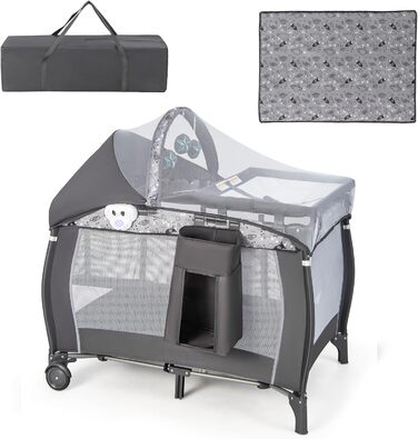 Детське туристичне ліжко Dreamade 102x72 см, 3 в 1 з матрацом, москітною сіткою та пеленальним столиком, сіре