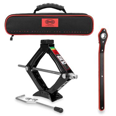 Гідравлічний домкрат Heyner 2т з чохлом, 17мм тріскачкою, гумовою накладкою, висота підйому 98-442мм. Автомобільний домкрат-ножиці, сертифікат TÜV/GS