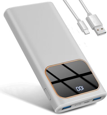 Швидка зарядка USB-C, LED дисплей, для iPhone 15/14/13/12, сріблясто-білий, 10000mAh