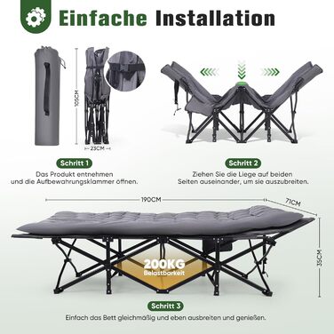 Розкладне ліжко для кемпінгу Sekey XXL (190x71x35 см) з матрацом, посилений сталевий каркас та тканина Oxford, сіре