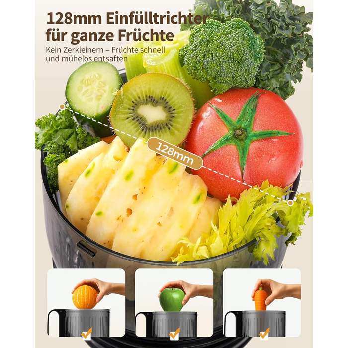 Шовковий відцентровий соковичавник для овочів та фруктів MP-802M XXL – Тест-переможець, 128 мм завантажувальний отвір, холодний віджим, 300W, висока вихідність соку, тихий та легкий у чищенні, для горіхового молока та фруктового морозива