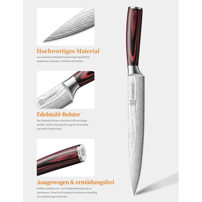 KEEMAKE Набір кухонних ножів Profi: кухонні ножі з нержавіючої сталі з захистом леза, гострі ножі шеф-кухаря та універсальні ножі для м'яса, овочів та риби (ніж для м'яса 20 см)