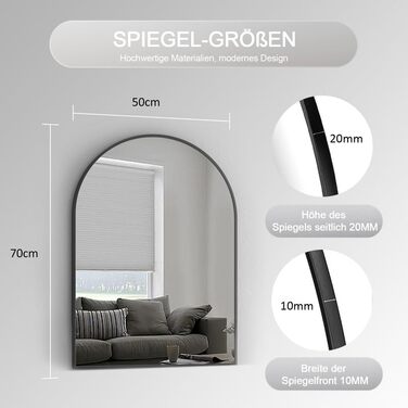 Круглий дзеркало Boromal Schwarz з ремінцем для стіни, великий, 50x70 см. Підходить для ванної кімнати, вітальні, спальні, передпокою.