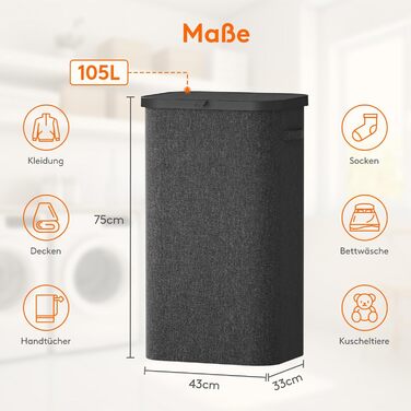 Кошик для білизни Lifewit 105L з кришкою, сірий, великий, складний, для спальні, ванної кімнати