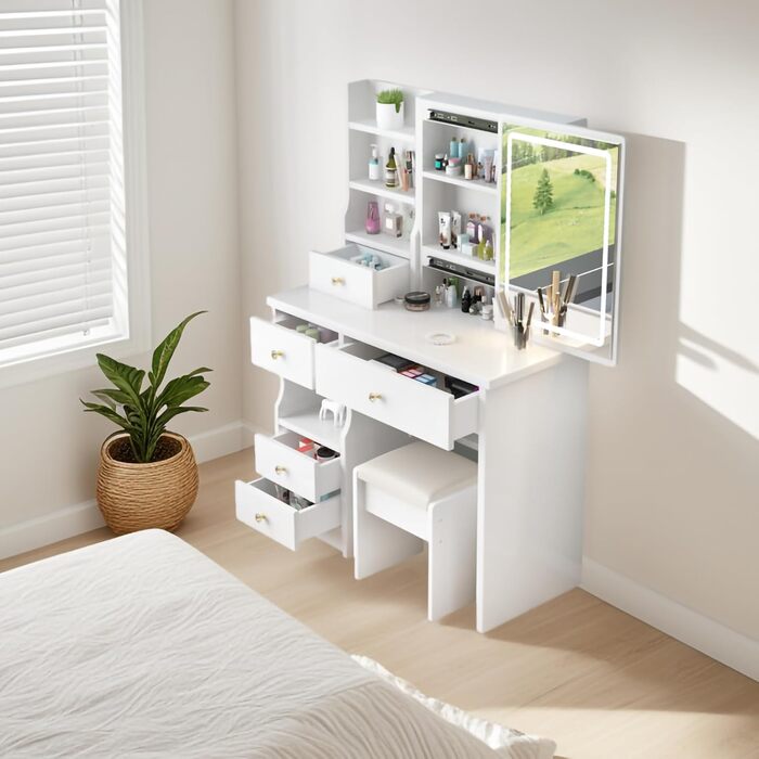 Дзеркальний туалетний столик YuYe з LED-підсвічуванням, регульованою яскравістю, з пуфом, 5 шухлядами та 3 полицями, білий, модель T68