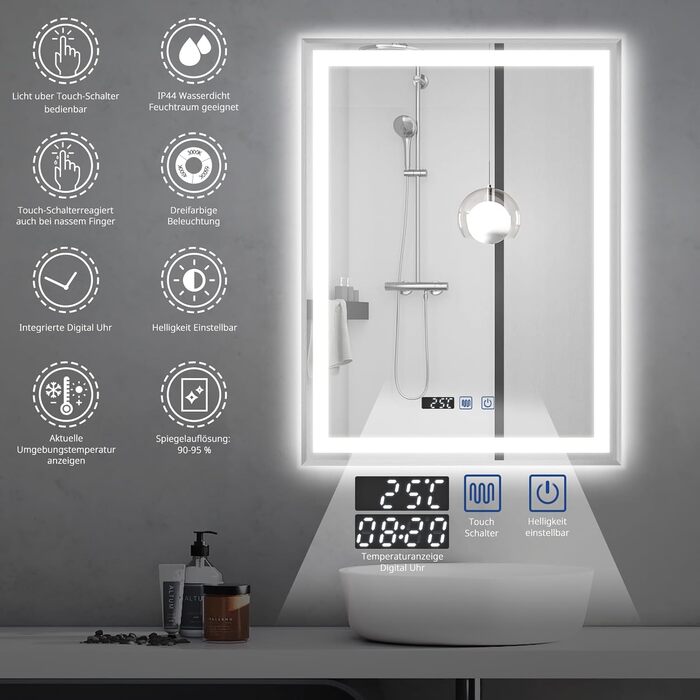 Дзеркало для ванної кімнати YOURLITE з підсвічуванням, 85x55 см, LED, сенсорне керування, 3 кольори світла, регулювання яскравості, антизапар, горизонтальне/вертикальне, IP44, білий (срібний, 80x60 см)