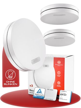 Датчик диму Rauchmelder на 10 років з батареєю, плоский, 3 шт. у комплекті, без свердління, без світлодіодного індикатора, для дому та офісу