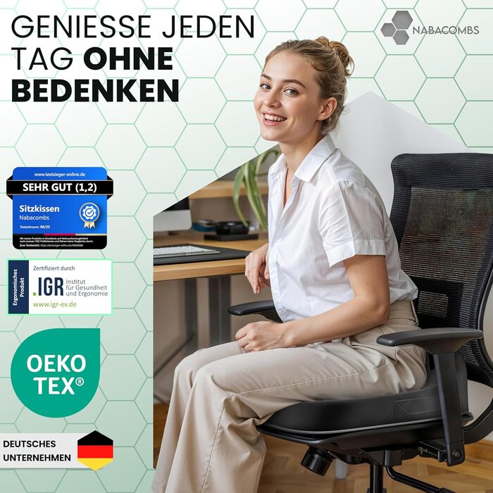 Ортопедична подушка для сидіння – ергономічна, з піною з пам'яті, знімає навантаження з куприка та спини, готова до використання – сертифікована IGR та перевірена Oeko-Tex, ідеальна для офісу, авто, подорожей та вагітності