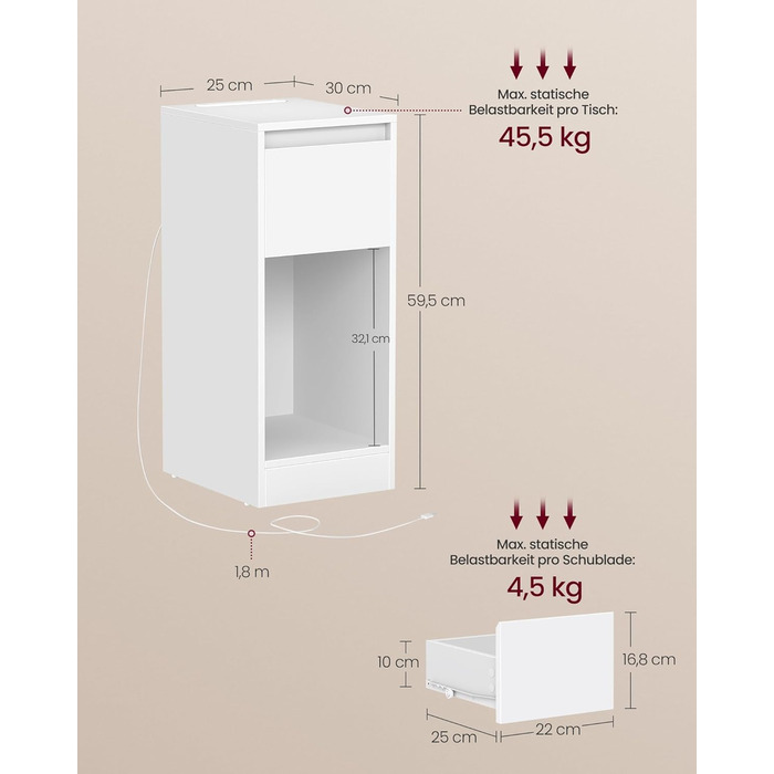 Приліжкова тумбочка VASAGLE з LED-підсвічуванням, USB-A та USB-C, з шухлядою та відкритим відсіком, для спальні/вітальні, білий колір LET610W01