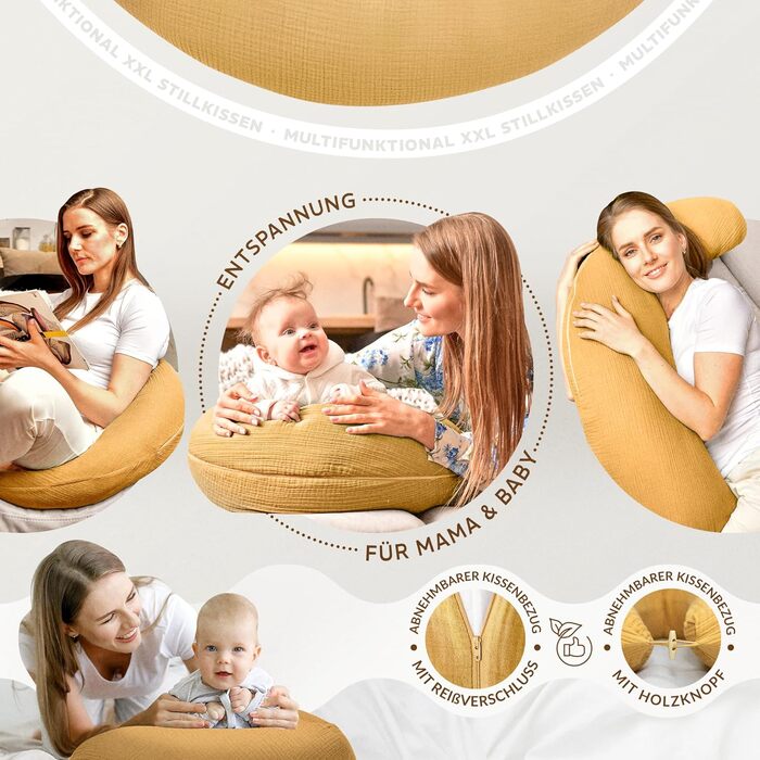 Подушка для вагітних Sei Design XXL з екологічної тканини Öko-Tex | Ергономічна подушка для сну та годування | Безшумна еластична наповнювач, чохол 100% бавовна (Musselin Bernstein, 190x30)