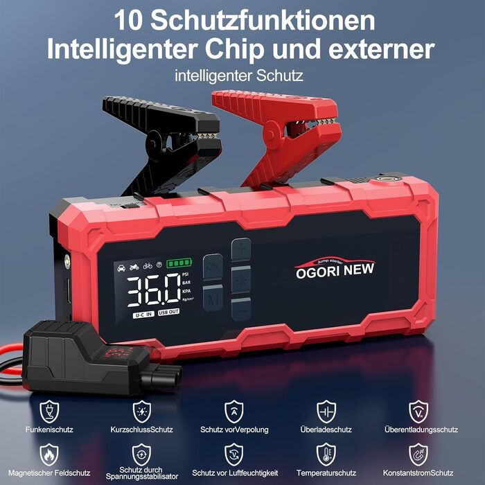 Powerbank для автомобіля з компресором Starthilfe 6000A, LED-ліхтарик, 12V, для 8L бензину/10L дизеля