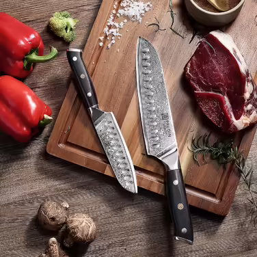Набір кухонних дамаскових ножів PAUDIN, 3 предмети, ультрагострий Santoku з 67-шарової дамаської сталі з японським VG10 ядром, ергономічна ручка G10