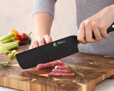 Набір кухонних ножів Wakoli Titanium Noir (5 предметів) з бруском - професійний набір ножів з титанового покриття, нержавіюча сталь, чорний, магнітний брусок, Nakiri