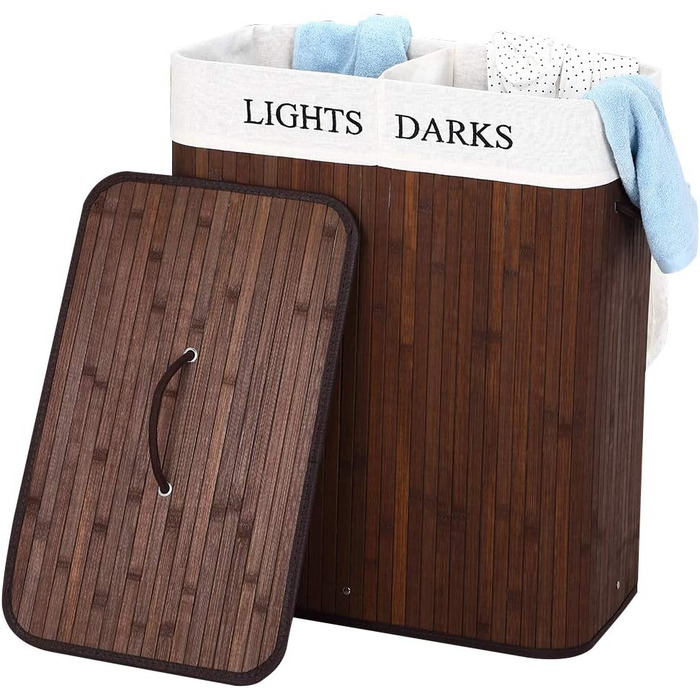 Кошик для білизни Bakaji з двома відділеннями для сортування світлого та темного одягу, бамбук та тканина, складний, з кришкою та ручками