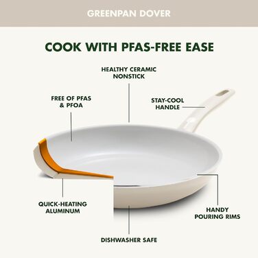 Сковорода GreenPan Dover 25,4 см з керамічним антипригарним покриттям, PFAS-free, для смаження, для індукції, кремова, зручна ручка, можна мити в посудомийній машині