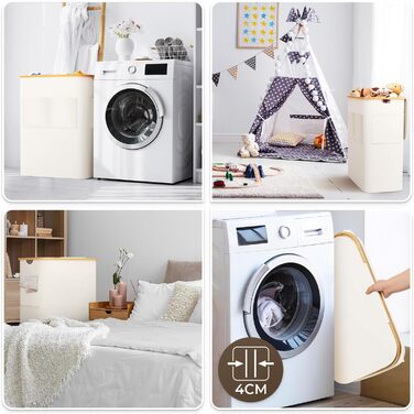 Кошик для білизни OUSFOT з кришкою, 3 відділення, 158л, розкладний, з мішком для білизни, з кишенею, бамбукова коробка для сортування білизни, бежевий