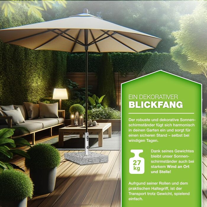 Підставка для парасольки Tillvex® Granit з роликами та ручкою для транспортування, 27 кг, кутова | Підставка для парасольки з нержавіючою сталею | Підставка для парасольки на балкон, сумісна з держателями 16-48 мм та парасольками діаметром 250 см, кутова,