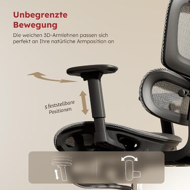 Ергономічне крісло для офісу Voll-Mesh з підголівником, підставкою для ніг, регульованою спинкою, підлокітниками, саморегульованою поперековою підтримкою, PU-колесами, поворот на 360°, 150 кг, темно-сірий