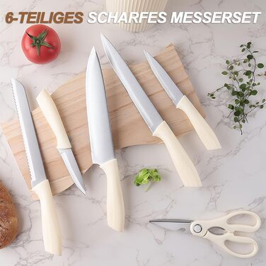 Набір кухонних ножів 7 шт. з бруском, Messerblock, з нержавіючої сталі, для кухні, нарізки м'яса та овочів (Бежевий)