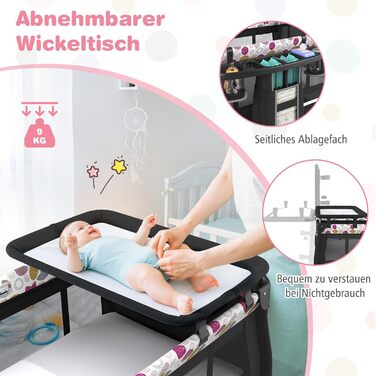 Дитяче туристичне ліжко COSTWAY 5 в 1 з матрацом, бебі-ліжко, ліжко-гойдалка з регульованим козирком, пеленальний столик, музична іграшка та сумка, до 15 кг