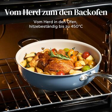 Сковорода Redchef 28 см з кришкою, антипригарне покриття, керамічна сковорода для індукції, з нержавіючою ручкою, без PTFE, PFOA, PFAS, для духовки, придатна для миття в посудомийній машині (Блакитна)