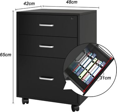 Шафа для документів SDHYL з 3 висувними ящиками на колесах, верхній ящик з замком, чорна, для дому та офісу