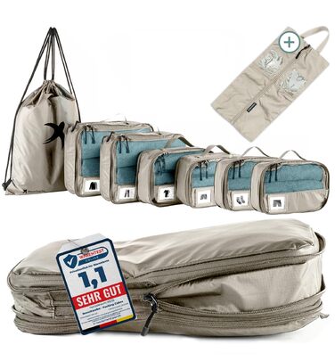 Набір компресійних органайзерів для одягу в дорогу Packing Cubes, 8 предметів, бежевий — легкі сумки-пакувальники для валізи та рюкзака