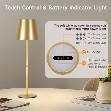 LED-лампа настільна бездротова OUTON (2 шт.) з регулюванням яскравості, 3 режими кольору, USB-C зарядка, IP54, 30 годин роботи – для дому та вулиці, чорний/золотий
