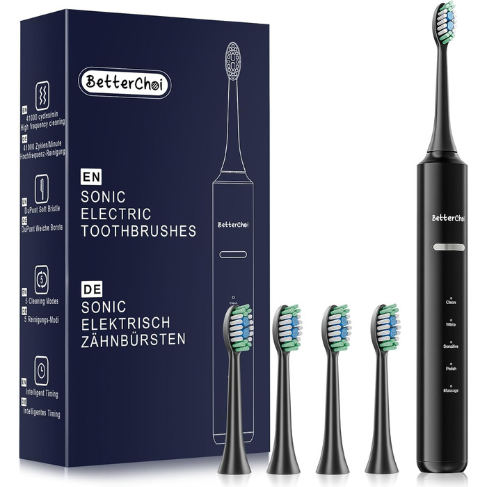 Електрична зубна щітка Betterchoi з магнітною левітацією, 41 000 VPM, 4 насадки, IPX7, 180 днів роботи, 5 режимів, таймер, чорна