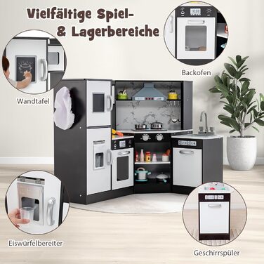 Дерев'яна дитяча кухня DREAMADE з аксесуарами (16 шт.), кухонний кутовий набір з плитою, духовкою, мийкою та дощечкою, ігровий кухонний набір з підсвіткою та звуком для дівчаток віком від 3 років (колір: коричневий)