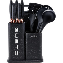 Набір ножів Karaca Gusto 12 предметів з обробною дошкою та кухонними аксесуарами, з нержавіючої сталі, ергономічні ручки, чорний колір