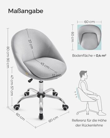 Крісло SONGMICS для офісу та дому, сірого кольору, з бавовняно-льоновій тканини, регульоване по висоті, для робочого кабінету та спальні