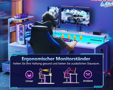 Ігровий стіл Coleshome з шухлядами, 151x50 см, з LED-підсвічуванням та розеткою, з полицями та підставкою для монітора (карбонове волокно)