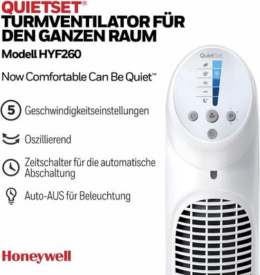 Осцилюючий баштовий вентилятор Honeywell QuietSet для всієї кімнати (5 налаштувань швидкості, коливання 80, функція таймера, автоматичне вимкнення освітлення, дистанційне керування) HYF260 HYF260 одинарний