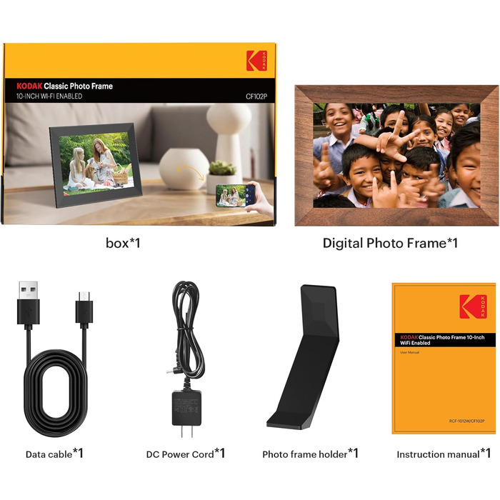 Цифровий фоторамка Kodak 10.1 дюйми з Wi-Fi, HD IPS-сенсорний екран, 32 ГБ пам'яті, автоматичне обертання фото, віддалене перегляд фото/відео через додаток