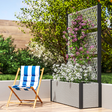 Підвищене грядка з опорою для ліан у стилі ротангу, квітник/ящик для рослин з підпірками, 90 x 35 x 148 см, сірий