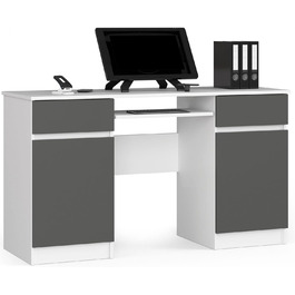 Стіл для ПК A5 з лотком для клавіатури Офісний стіл Комп'ютерний стіл Офісний стіл з лотком для клавіатури 2 шухляди та 2 дверні полиці, W135 x H77 x D50 см, 58 кг (Білий/графітово-сірий)