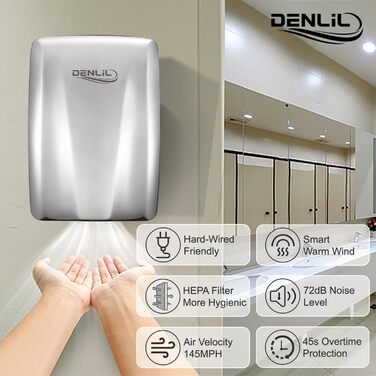 Компактний сушар для рук з нержавіючої сталі для комерційного використання, висока швидкість, високопродуктивний сушар з HEPA-фільтром